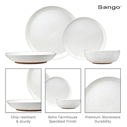 Sango 16-Piece Boho Farmhouse Stoneware Dinnerware Set for 4, Semi-Matte White Plates and Bowls Sets with Rustic Speckled Glaze, Ceramic Dish Set, Modern Dishes, Microwave & Dishwasher Safe, Kaya - color: White