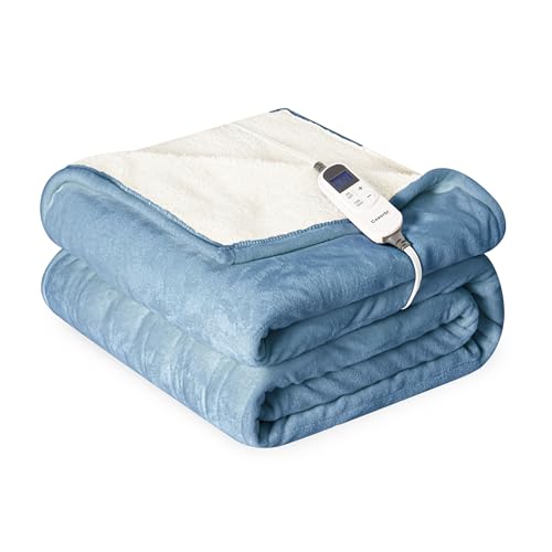 Heat Blanket 50”x60” Throw,Soft Flannel & Sherpa Reversible Electric Blanket with 10 Heat Settings,12 Timer Setting and 8 Hours Auto-Shut Off,ETL Certified Machine Washable,Light Blue - color: Light Blue, size: 50*60in
