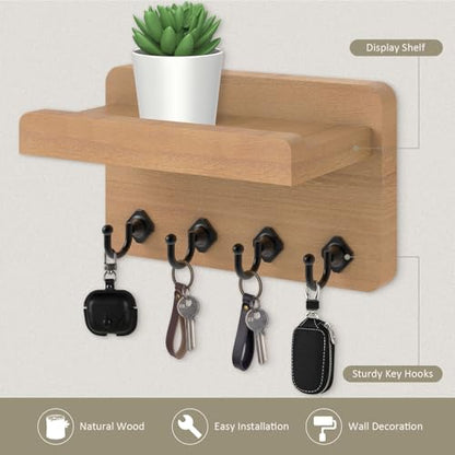 Nekon Key Holder Wall Mount, 8.5 Inch Small Wooden Wall Organizer, Wood | Rustic Wall Shelf, Farmhouse Key and Mail Holder for Living Room Entryway Kitchen - color: Wood