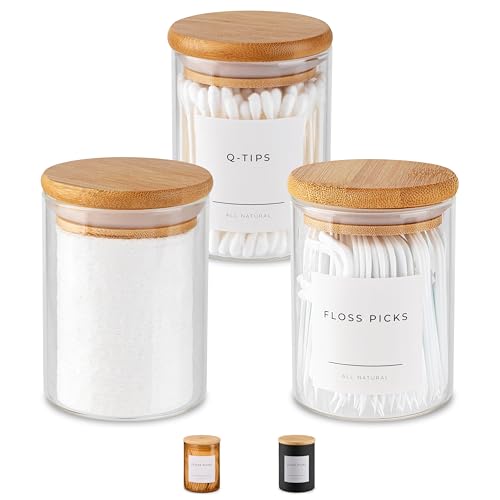 Mini Glass Apothecary Jars with Bamboo Lids, Small Bathroom and Kitchen Storage Containers, For Cotton Balls, Pads and Swabs, 10 oz, Set of 3 (Clear) - color: Clear