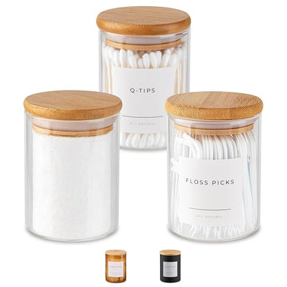 Mini Glass Apothecary Jars with Bamboo Lids, Small Bathroom and Kitchen Storage Containers, For Cotton Balls, Pads and Swabs, 10 oz, Set of 3 (Clear) - color: Clear