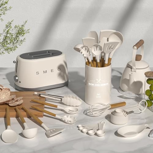 Umite Chef Kitchen Cooking Utensils Set, 33 pcs Non-Stick Silicone Cooking Kitchen Utensils Spatula Set with Holder, Wooden Handle Silicone Kitchen Gadgets Utensil Set (Khaki) - color: Khaki