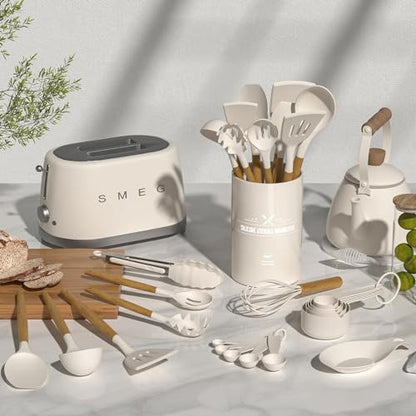 Umite Chef Kitchen Cooking Utensils Set, 33 pcs Non-Stick Silicone Cooking Kitchen Utensils Spatula Set with Holder, Wooden Handle Silicone Kitchen Gadgets Utensil Set (Khaki) - color: Khaki