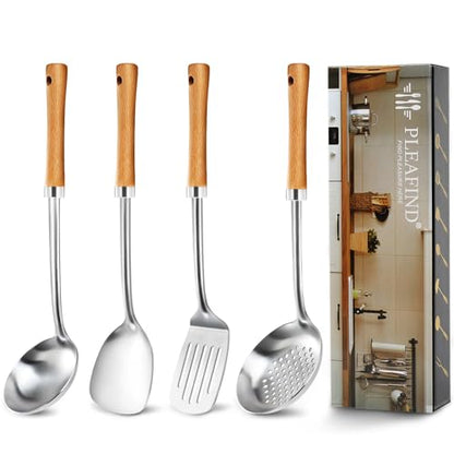 Pleafind 4-Pcs Cooking Utensils Set, Stainless Steel Kitchen Utensils with Wooden Handle, Kitchen Essentials Set Include Wok Ladle, Slotted Spoon, Wok Spatula and Slotted Spatula, Dishwasher Safe - color: 4P-Yellow
