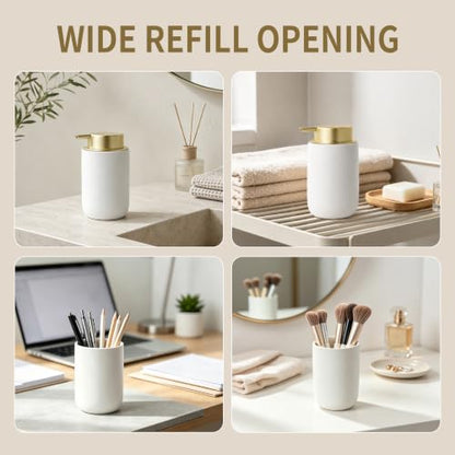 BosilunLife Lotion Pump Dispenser for Bathroom, Kitchen, Countertop | Hand Soap Dispenser Bathroom Ceramic Dish Liquid Soap Dispenser (White with Gold, Liquid Pump) - color: White&gold-1 Pack