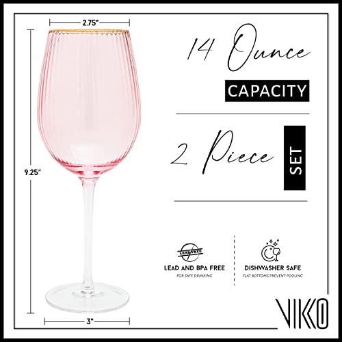 Vikko Décor Wine Glasses, Set of 2 Peach Blown Glass with Gold Rim, 14 Ounce Fancy Wine Glasses With Stem for Red and White Wine, Dishwasher Safe Goblets, Decorative Wine Glasses
