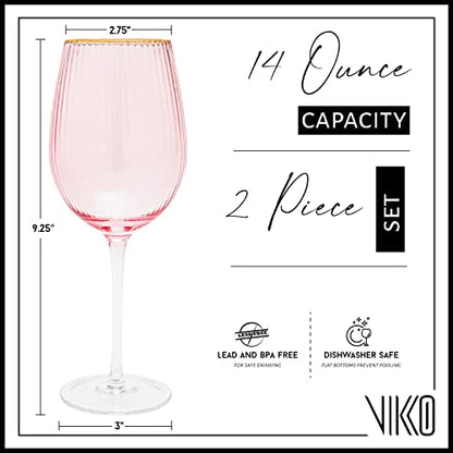 Vikko Décor Wine Glasses, Set of 2 Peach Blown Glass with Gold Rim, 14 Ounce Fancy Wine Glasses With Stem for Red and White Wine, Dishwasher Safe Goblets, Decorative Wine Glasses