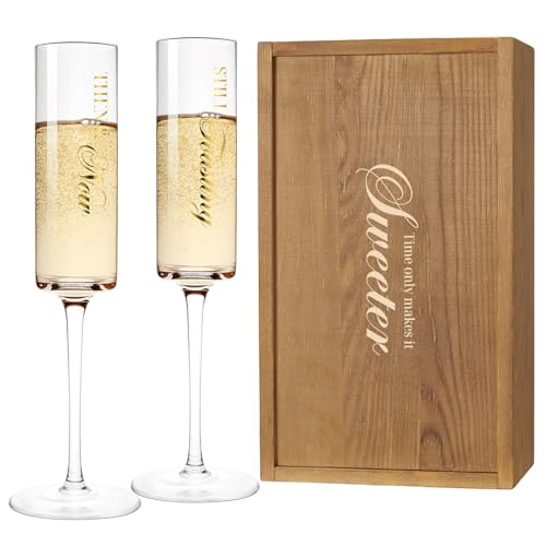 AW BRIDAL Anniversary Champagne Flutes Set of 2 with Wooden Keepsake Box | Engagement Gifts for Couples, Mr and Mrs Champagne Flutes, Crystal Toasting Glasses, Bridal Shower and Wedding Gift - color: Then & Now（Brown）, size: Set of 2（Wooden box）