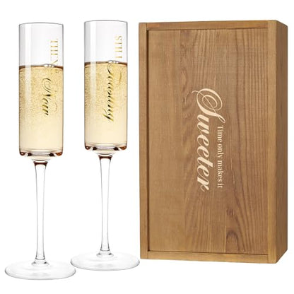 AW BRIDAL Anniversary Champagne Flutes Set of 2 with Wooden Keepsake Box | Engagement Gifts for Couples, Mr and Mrs Champagne Flutes, Crystal Toasting Glasses, Bridal Shower and Wedding Gift - color: Then & Now（Brown）, size: Set of 2（Wooden box）