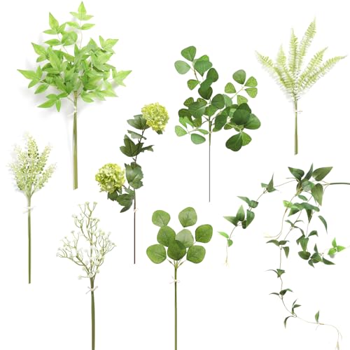 Serra Flora Artificial Greenery Stems Box Set,(Pack of 37pcs) with 8 Kinds of Faux Pink Green Filler for DIY Bridal Bouquets Wedding Floral Arrangement Table Centerpieces - color: Green