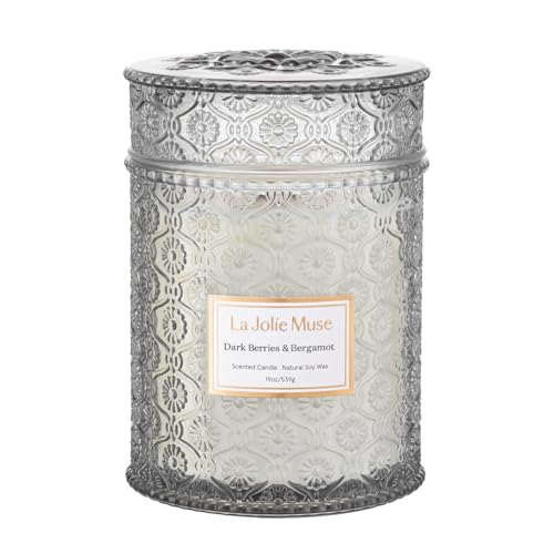 LA JOLIE MUSE Dark Berries Bergamot Scented Candles for Home,19 oz Soy Wax | Large Jar Luxury Candle, Clean Non Toxic, Gifts for Women & Men, Decorative Summer Candles, Wood Wick, Citrus Grape Cherry - color: Dark Berries & Bergamot, size: 19 oz