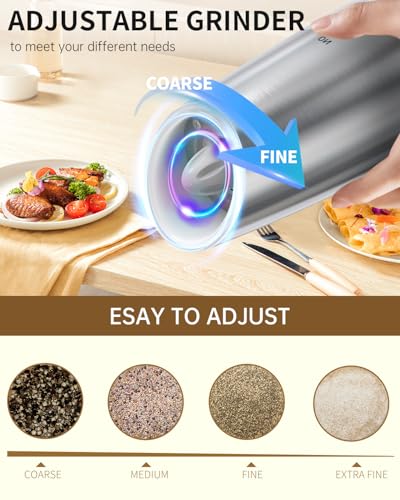 CIRCLE JOY Rechargeable Gravity Electric Salt and Pepper Grinder Set, Stainless Steels Salt and Pepper Mills with LED Light, No Battery Needed, Adjustable Coarseness, Washable 135ml Container, Silver - color: Stainless Steel Set, size: KYMQ + Rechargeable