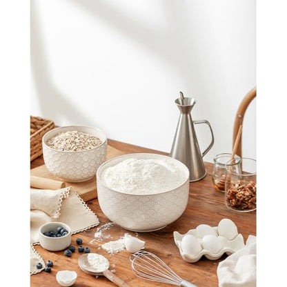 Mikiegy Ceramic Mixing Bowls Set of 2, Nesting Ceramic Embossment Stoneware Mixing Bowls for Cooking, Serving, Popcorn, Salad etc, Microwave & Dishwasher Safe, 44/98 oz, Off-White - size: 44&98 oz