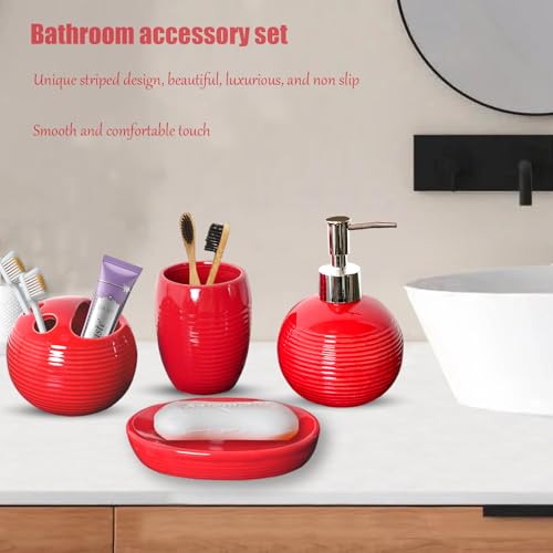 Red Bathroom Accessories Set,4 Pcs Ceramic Bath Accessory Sets Includes Soap Dispenser, Toothbrush Holder, Tumbler and Soap Dish,Bathroom Countertop Organizer Set for Home Apartment