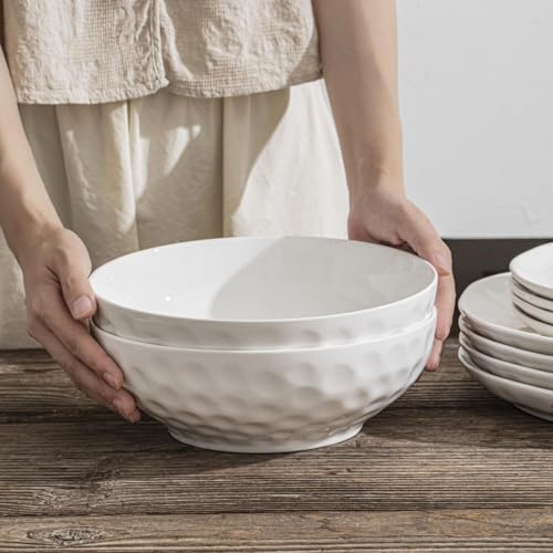 HOMBENE Large Pasta Bowls Set of 2, 9 Inch Pasta Serving Bowl Dinner Bowls, Wide and Shallow Microwave Dishwasher Safe Bowl Set of 2 - color: White, size: 9.5 IN