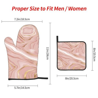 Pink Golden Marble Oven Mitts and Pot Holders Sets of 3 | Heat Resistant Hot Pads Rose Pink Modern Oven Gloves For Kitchen Cooking Bbq Baking - color: Pink Gold