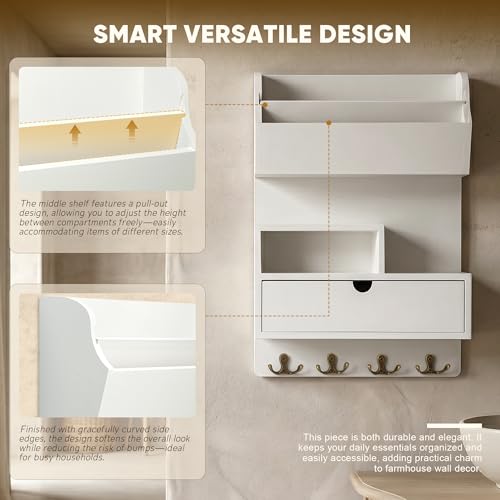 Rebee Vision Pine Wood Key Holder Wall Mount with Shelf & Drawer, White | Mail and Key Organizer, 4 Key Hooks, Stores Small Essentials, Displays a Plant, Adds Stylish, Apartment Essential Charm - color: White
