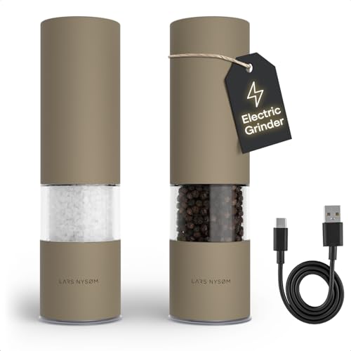 LARS NYSØM Electric Salt and Pepper Grinder Set I Automatic Salt and Pepper Mills with Adjustable Ceramic Grinder I USB Rechargeable Electric Spice Mill Set with LED Light (Taupe Brown) - color: Taupe Brown, size: Set of two electric mills