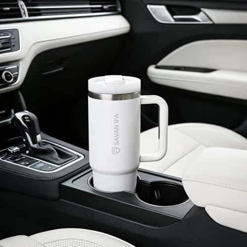 Insulated Tumbler, White, 30 oz | Stainless Steel Vacuum, Handle and Straw, Leak Resistant Lid, Fits Car Cup Holder - color: White, size: 30 oz