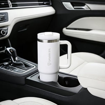 Insulated Tumbler, White, 30 oz | Stainless Steel Vacuum, Handle and Straw, Leak Resistant Lid, Fits Car Cup Holder - color: White, size: 30 oz