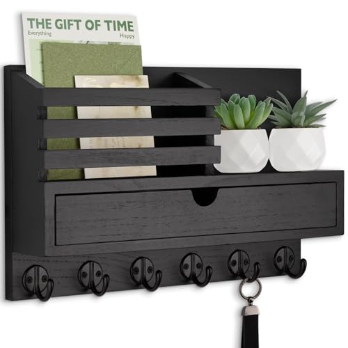 Key Holder Wall Mount, Mail Holder with Storage Drawer and 6 Key Hooks for Coat, Dog Leash, Home Decor Rack, House Accessories, Entry Way Organizer - color: Black, size: Large - 13.8 Inch