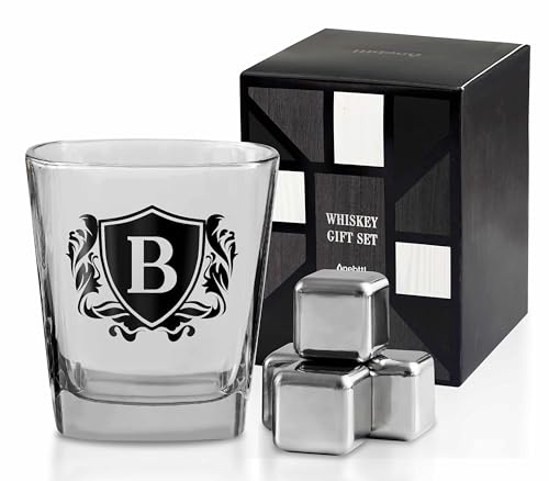 Whisky Gifts for Men, Personalized Initial Whiskey Glass with Whiskey Stones for Dad, Boyfriend, Best Friends, Coworkers, Husband, Brother, Uncle and Boss on Father's Day, Boss Day and Birthday - B - color: B