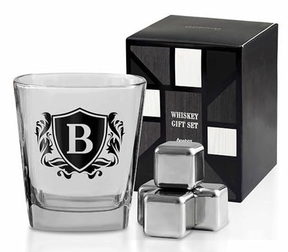 Whisky Gifts for Men, Personalized Initial Whiskey Glass with Whiskey Stones for Dad, Boyfriend, Best Friends, Coworkers, Husband, Brother, Uncle and Boss on Father's Day, Boss Day and Birthday - B - color: B