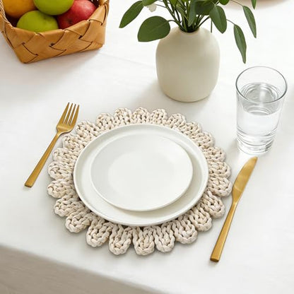 13" Round Placemats Set of 8, Corn Husk Woven Placemat, Rustic White Place Mats for Dining Table Decor, Boho Rattan Wicker Plate Chargers for Wedding Dinner Party