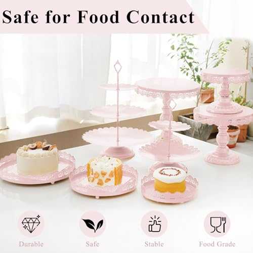 Set of 9 Cake Stands Metal Cupcake Stand Set Multiple Styles Candy Fruit Display Tower Dessert Plate Cake Serving Tray for Birthday Party Wedding Anniversary Baby Shower Engagement (Pink) - color: Pink