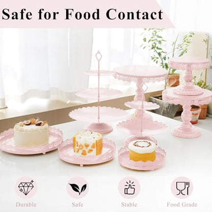 Set of 9 Cake Stands Metal Cupcake Stand Set Multiple Styles Candy Fruit Display Tower Dessert Plate Cake Serving Tray for Birthday Party Wedding Anniversary Baby Shower Engagement (Pink) - color: Pink