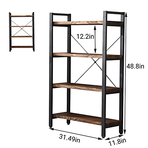 Solid Wood Bookshelf,4 Tier Rustic Vintage Industrial Etagere Bookcase, Open Metal and Wood Vintage Book Shelf, Retro Brown (RealWood)(4-Tier) - size: 4-Tiers-RealWood