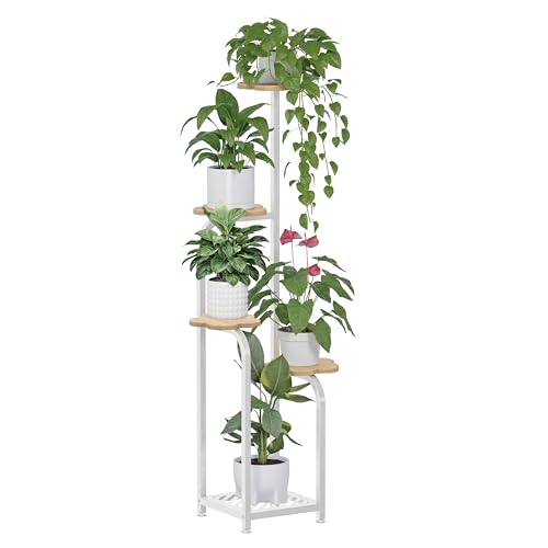 TOSKING Tall 5-Tier Corner Plant Stand Indoor, Anti-Tip, Oak & White,47in | Plywood trays,wide base and heavy-duty shelves hold multiple pots,child & pet friendly for living room, balcony, patio - color: White and Wood, size: 5tier Sq