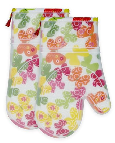 Silicone Oven Mitts Set Heat Resistant 2PCS Kitchen Mittens with Soft Cotton Lining Long Waterproof Non-Slip Oven Gloves for Cooking, BBQ, Baking-Flower - color: Flower