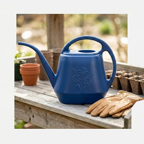 Fasmov 1-Gallon Plastic Watering Can with Comfortable Handle, Garden Watering Cans Long Spout for Indoor Outdoor Watering Plants, Blue