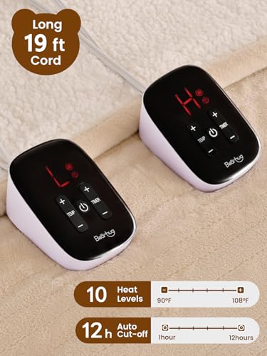 Bearhug Electric Blanket King Size with Dual Controls, 10 Heat Levels & 1-12H Auto Shut-Off, Fast Heating Soft Velvet to Sherpa Heated Blanket for Couples, Machine Washable, Beige - color: Beige, size: King Size 100" × 90"