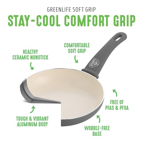 GreenLife 16 Piece Ceramic Nonstick Pots & Pans Cookware Set, Gray | PFAS-Free Nonstick Coating, Stockpot, Frying Pans, Saucepans, Sauté Pan, Stay-Cool Handles, Dishwasher & Oven Safe up to 350F - color: Gray, style: Soft Grip