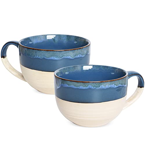 Ceramic Jumbo Coffee Mug Set of 2, 23 Oz, Large Mug Soup Bowls with Handles, Dishwasher and Microwave Safe (Prussian Blue) - color: Prussian Blue