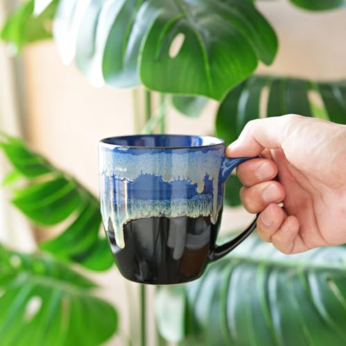 Bosmarlin Ceramic Coffee Mug Set of 4, 17 Oz, Coffee Cups with Big Handle, Microwave Safe, Unique Reactive Glaze (17 Oz, Blue) - color: Ocean Drip