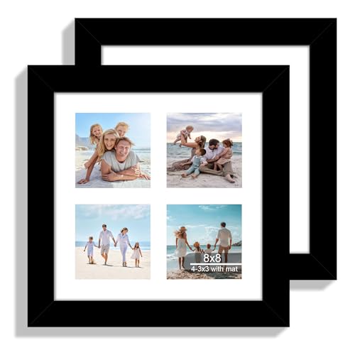 Hongkee 8x8 Picture Frame Set of 2, with Glass and Black Wood Frames, Display Collage Four Opening 3x3 With Mat or 8 x 8 Without Mat for Wall Hanging or Tabletop - color: Black, size: 8x8 in matted to 4-3x3