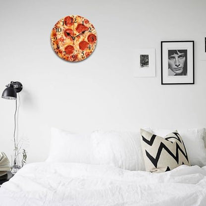 Wall Clock Pepperoni Cheese Pizza Round Rustic Wood Wall Clock Battery Operated Silent Funny Food Sausage Cheese Wood Clock 12 Inch Kitchen Dining Room Wooden Wall Clock Art Hanging Clocks - color: Pattern-1, size: 12 Inch