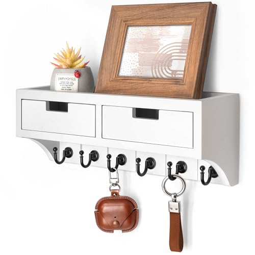 Rebee Vision Key Holder Wall Mount with Drawers for Apartment, Modern White | Key Holder for Wall, Mail Organizer, 6 Key Hooks, Dual Drawer Storage, Drawer Organizer, Room Decor, Apartment Essentials - color: White, style: 2-Drawer