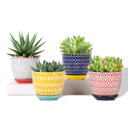Selamica Ceramic Plant Pots, 4.6 Inch Flower Pots for Indoor Plants, Succulent Pots with Drainage Hole & Saucer, Succulent Planters for Succulent Cactus, Home Decor, Set of 4, Assorted Colors - color: Assorted Colors, size: 4.6 Inch, Set of 4