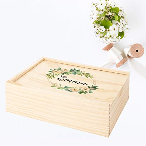 Koyal Wholesale Custom Floral Greenery Wreath Wedding Keepsake Box, 4 x 6 -inch, Custom Name, Natural Wood - color: Floral Greenery Wreath