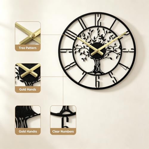 Wall Clock for Living Room Decor 14 inch Tree of Life Metal Wall Art, Non-Ticking Battery Operated Metal Black for Office/Bedroom/Kitchen/Dining Room Decoration - size: B 14 Inch