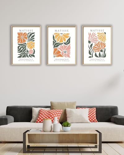 UPWOIGH Matisse Inspired Floral Wall Art, 12 x 16 Inch, Set of 3 | Orange, Yellow and Pink Flower Prints, Modern Botanical Design, Light Wood Frames for Bedroom, Office and Gallery Wall - color: Yellow Matisse