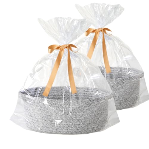 2-Pack Small Baby Gift Baskets, Empty Cute Woven Baby Shower Hamper, Gray | Gift Bags & Ribbons Included | 12 x 8 x 5 in | Cotton Rope, Sturdy Handles | Decorative Gift Baskets For Baby Boy Girl - color: Gray, size: 2 Packs