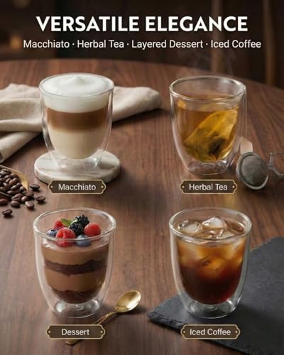 5oz Double Walled Espresso Cups, Set of 4 - Insulated Glass Coffee Mugs for Lungo, Double Espresso & Cappuccino - Clear Borosilicate Glassware Compatible with Nespresso & De'Longhi Machine