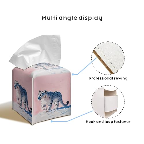 Snow Leopard Art PU Leather Tissue Box Cover 5.2 in | Snow leopard art design; 5.2-inch square PU leather tissue box cover with hand-stitched style and removable liner. - color: Snow Leopard