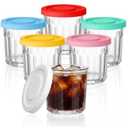 Suclain Glass Cups with Lids Set of 6, 13.5 oz Clear Coffee Cups,Colorful | Thick Drinking Glasses, Heavy Duty Tumblers with Leak Proof Lids, Glassware for Cold Drinks, Iced Coffee Yogurt Overnight - color: Colorful