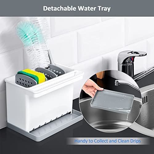 JOMOLA Kitchen Sink Organizer Dish Brush Sponge Holder Caddy Toothbrush Holders for Bathrooms Sinkware Kitchen Utensil Holder Sink Caddy Organizer with 4 Separate Dividers Removable Drain Tray (Grey) - color: Gray